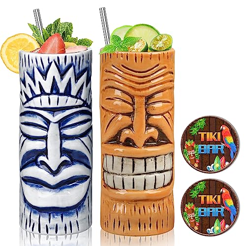 Tiki-Tassen, 2 Stück Tiki-Gläser, Hawaii-Party-Becher aus Keramik mit Untersetzer, für Cocktails, hochwertiges Tassen-Set mit 2 Cup Untersetzer Tassen für exotische Party von SuproBarware