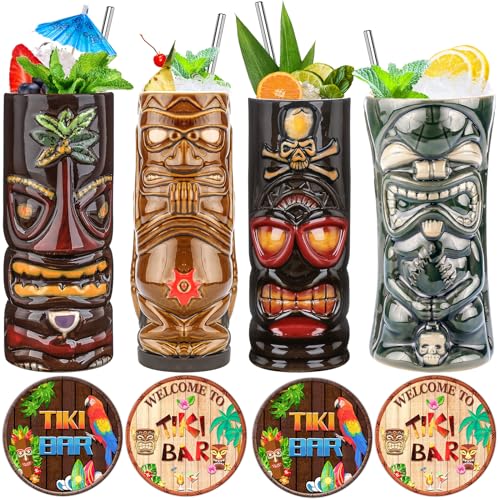 Tiki Tassen Set mit 4 großen Keramik-Tiki-Gläsern, hawaiianische Luau-Party-Tassen, Trinkgeschirr, Tiki-Bar-Tassen für Cocktails von SuproBarware