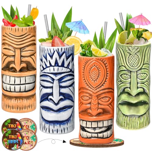 Tiki-Tassen-Set, Hawaii-Party-Becher aus Keramik, für Cocktails, hochwertiges Tassen-Set mit 4 Tassen für exotische Party von SuproBarware