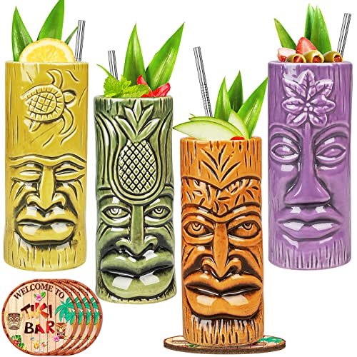 Tiki-Tassen-Set, Hawaii-Party-Becher aus Keramik mit Untersetzer, für Cocktails, hochwertiges Tassen-Set mit 4 Cup Untersetzer Tassen für exotische Party von SuproBarware