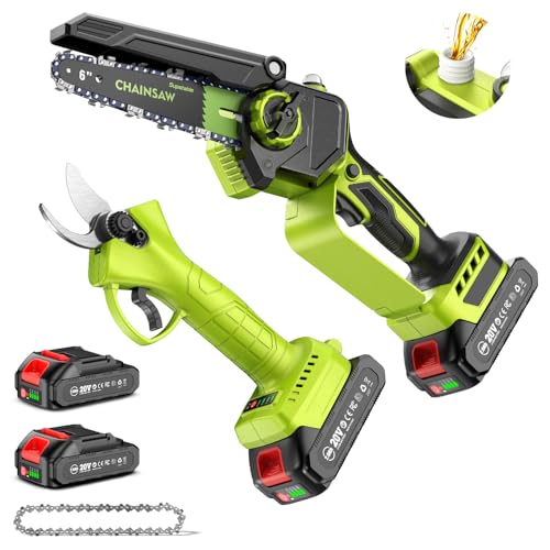 Mini Kettensäge 6 Zoll/Elektrische Gartenschere 33 mm, 2 in 1 Akku-Gartenpflege-Set, 2×2000 mAh Akkus und Ladegerät, Kompatibel mit Supstable Teleskopstange, Ideales Gartenwerkzeug Set für Äste & Baum von Supstable