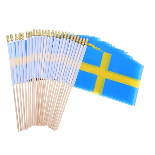 Supvox 25 Stück Teiliges Mini Handliche Schwedische Flaggen mit Holzstab für Paraden Partys Tischdeko und Gartenfeiern Sofort Einsatzbereit ohne Zusammenbau von Supvox