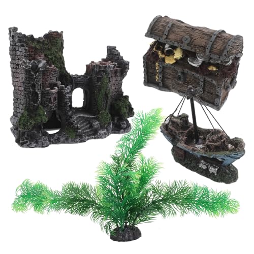 Supvox 4 Stück Teiliges Aquarium Deko mit Realistischen Resin Schloss Schatztruhe Schiffswrack und Künstlichen Pflanzen Langlebig Farbecht Einfacher Reinigung als Garnelenversteck und von Supvox
