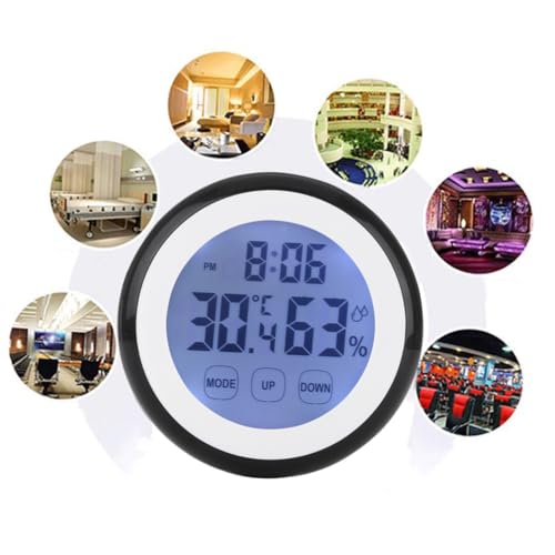 Supvox Digitales Touchscreen LCD Temperatur Feuchtigkeitsmessgerät Batterielos mit Wandmontage und Ständer Multifunktional als Thermometer Hygrometer Uhr und Kalender Schwarz von Supvox
