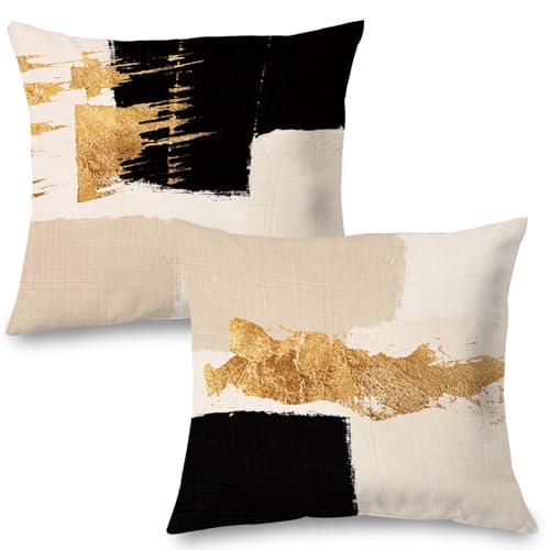 Supwhd Abstrakte Kissenbezüge in Schwarz, Beige und Gold, doppelseitig, Mitte des Jahrhunderts, Moderne dekorative Kissenbezüge für Wohnzimmer, Schlafzimmer, Moderne Wohnkultur, Schwarz und Gold, 2 von Supwhd