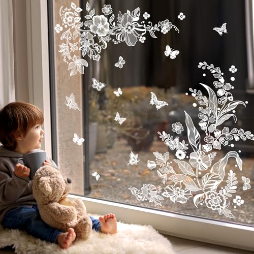 Supzone Fensteraufkleber Weiße Blumen Schmetterlinge Fensterbilder Frühling Sommer Fenster Abziehbilder Sommer Frühling Anti-Kollision Fensterfolie Glastüren Fensterdeko Aufkleber von Supzone
