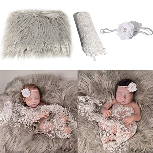 3 Stück Baby Neugeborenen Foto Requisiten Wraps & Fotografie Matte Decke & Haarband, DIY Baby Fotoshooting Wraps,Newborn Baby Wrap Decke + Baby Kostüm Blumen Stirnband Fotoshooting für 0-6 Monate Baby von Surakey