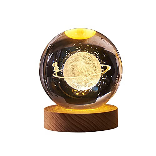 3D Kristallkugel Nachtlicht für Kinder,LED Ball Lampe,6cm Mond Kristallkugel mit Holzsockel,USB Aufladung Wal Saturn Sonnensystem Nachtlicht Lampe Geburtstags Weihnachts Geschenk für Jungen Mädchen von Surakey