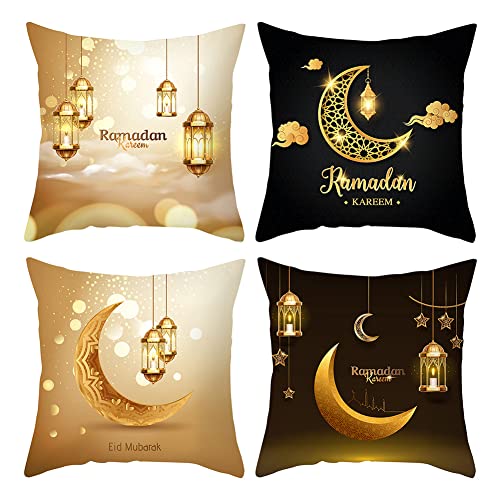 4 Stücke Ramadan Kissenbezug Eid Mubarak Kissenhülle Goldene Mond Laterne Muster Eid Ramadan Wurfkissenbezüge Zierkissenbezüge Sofakissen Dekokissen für Muslim Dekoration Deko Sofa Wohnzimmer Kissen von Surakey