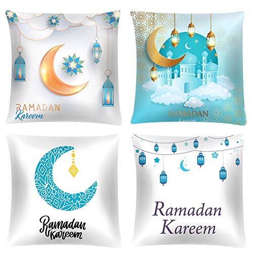 4 Stücke Ramadan Kissenbezug Ramadan Deko,Eid Mubarak Kissenhülle Mond Laterne Muster Eid Ramadan Wurfkissenbezüge Zierkissenbezüge Sofakissen Dekokissen für Sofa Schlafzimmer Wohnzimmer Hause Auto von Surakey