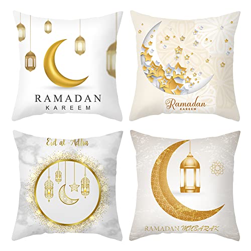 4er Set Ramadan Kissenbezug 45x45cm Eid Mubarak Kissenbezüge Dekoration,Eid Ramadan Wurfkissenbezüge Goldene Mond Stern Laterne Muster Kissenhülle Dekokissenbezüge Muslim Sofa Couch EID Kissenbezug von Surakey