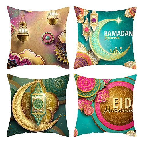 4er Set Ramadan Kissenbezug 45x45cm Eid Mubarak Kissenbezüge Dekoration,Eid Ramadan Wurfkissenbezüge Goldene Mond Stern Laterne Muster Kissenhülle Dekokissenbezüge Muslim Sofa Couch EID Kissenbezug von Surakey