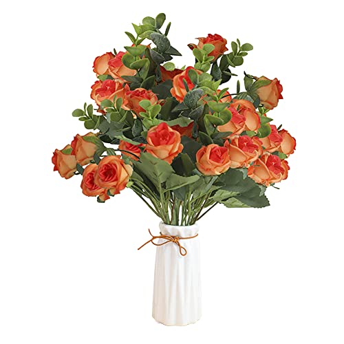 4pcs Künstliche Blumen Rosen wie echt Kunstblumen Frühling Schleierkraut Eukalyptus Blumenstrauß Pflanzen Blumenarrangements Hochzeit Rosen Seidenblumen für Tischdeko Büro Balkon Dekoration,Orange von Surakey