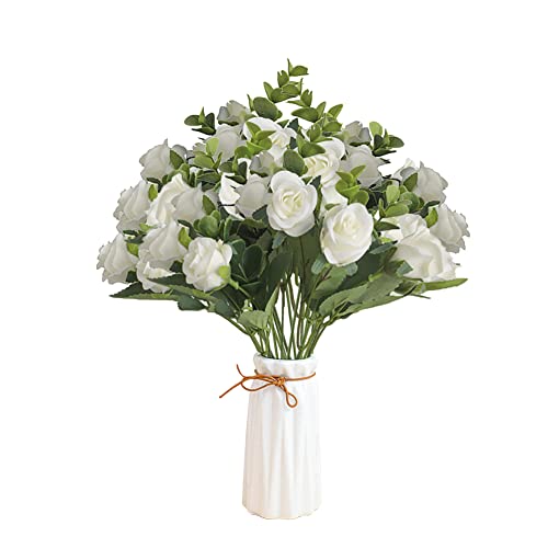 4pcs Künstliche Blumen Rosen wie echt Kunstblumen Frühling Schleierkraut Eukalyptus Blumenstrauß Pflanzen Blumenarrangements Hochzeit Rosen Seidenblumen für Tischdeko Büro Balkon Dekoration,Weiß von Surakey