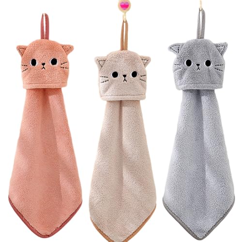 Lustige Katze Hängetuch, 3 Stück Korallensamt Handtuch, zum Aufhängen, Küchenhandtuch, Handtücher mit Aufhängeschlaufe für Badezimmer, Handtuch,Kinder-Set, saugfähiger Waschlappen mit Schlaufe von Surakey