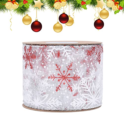 Organza Band Rot Weihnachten,Glitzer Schneeflocken Geschenkband Chiffon Breit mit Draht,Transparent Glänzend Schleifenband Satinband Dekoband Bänder für Geschenke,Weihnachtsdeko,Basteln (Silber) von Surakey