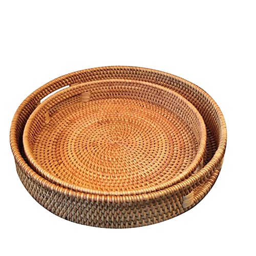 Rattan Rundes Serviertablett, Gewebtes Serviertablett mit Griffen,Natürlich Rattan Obstkörbe Gewebte Brotkorb Weidenkorb mit Henkel zum Servieren von Speisen, Crackern, Gebäck, Snacks von Surakey