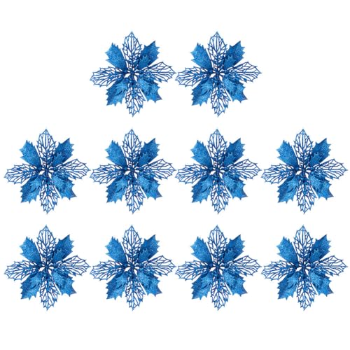 10-teilig Weihnachtsblumen Glitzer Weihnachtsstern Blumen Weihnachten Deko Weihnachtsbaumschmuck Poinsettia Neujahr Ornamente für Weihnachtsbaum Adventskranz,Blau von Surakey