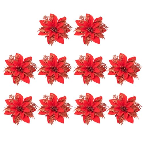 Surakey 10-teilig Weihnachtsblumen Glitzer Weihnachtsstern Blumen Weihnachten Deko Weihnachtsbaumschmuck Poinsettia Neujahr Ornamente für Weihnachtsbaum Adventskranz,Großes Rot von Surakey