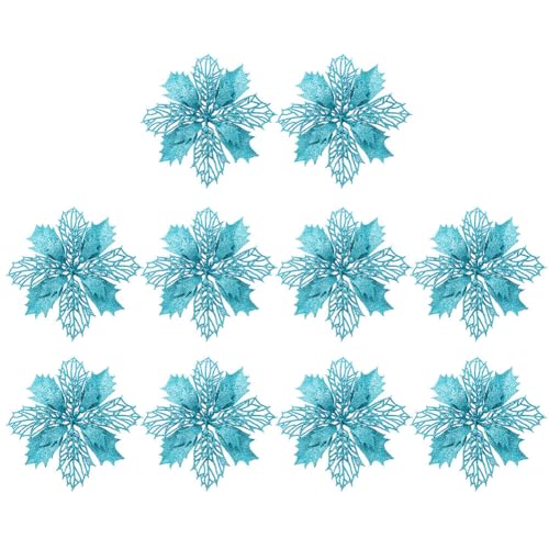 Surakey 10-teilig Weihnachtsblumen Glitzer Weihnachtsstern Blumen Weihnachten Deko Weihnachtsbaumschmuck Poinsettia Neujahr Ornamente für Weihnachtsbaum Adventskranz,Hellblau von Surakey