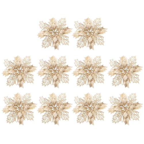 Surakey 10-teilig Weihnachtsblumen Glitzer Weihnachtsstern Blumen Weihnachten Deko Weihnachtsbaumschmuck Poinsettia Neujahr Ornamente für Weihnachtsbaum Adventskranz,Helles Gold von Surakey