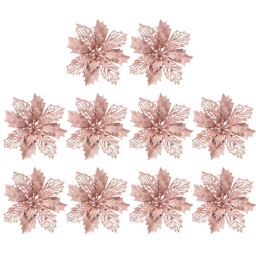 Surakey 10-teilig Weihnachtsblumen Glitzer Weihnachtsstern Blumen Weihnachten Deko Weihnachtsbaumschmuck Poinsettia Neujahr Ornamente für Weihnachtsbaum Adventskranz,Roségold von Surakey