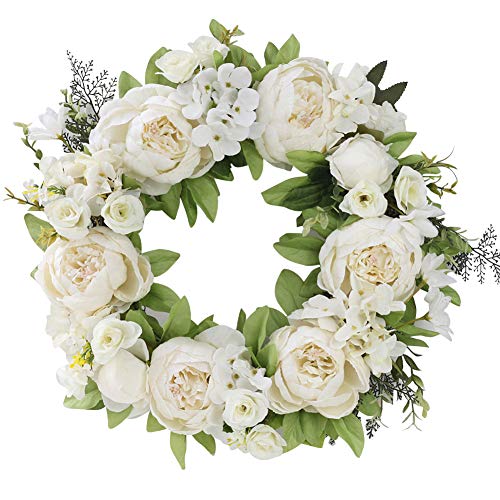 Surakey Türkränze,Künstliche Pfingstrose Blumen Haustür Kranz,Ostertür Dekorationen Kranz,Deko frühling Deko Kranz,40cm Artificial Hydrangea Blumen Tür Kranz mit Grüne Blättern für Frühling und Sommer von Surakey