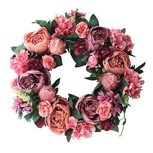 Surakey Türkränze,Künstliche Pfingstrose Blumen Haustür Kranz,Ostertür Dekorationen Kranz,Deko frühling Deko Kranz,40cm Artificial Hydrangea Blumen Tür Kranz mit Grüne Blättern für Frühling und Sommer von Surakey