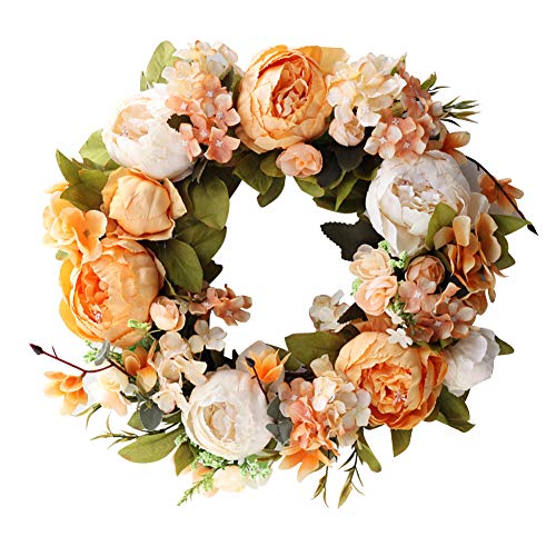 Surakey Türkränze,Künstliche Pfingstrose Blumen Haustür Kranz,Ostertür Dekorationen Kranz,Deko frühling Deko Kranz,40cm Artificial Hydrangea Blumen Tür Kranz mit Grüne Blättern für Frühling und Sommer von Surakey