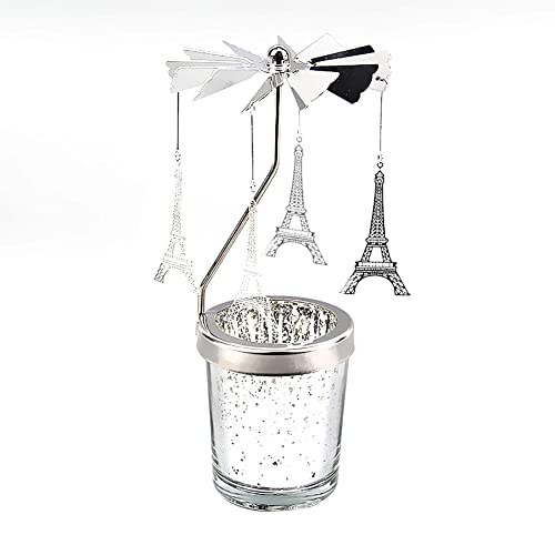 Windlicht Teelichtkarussel aus Glas Teelichthalter,Silber Karussell Teelichter Kerzenhalter,Motiv Eiffelturm Windlichter Teelicht Kerzen Halter Geschenk Dekoration für Hochzeit,Weihnachten von Surakey