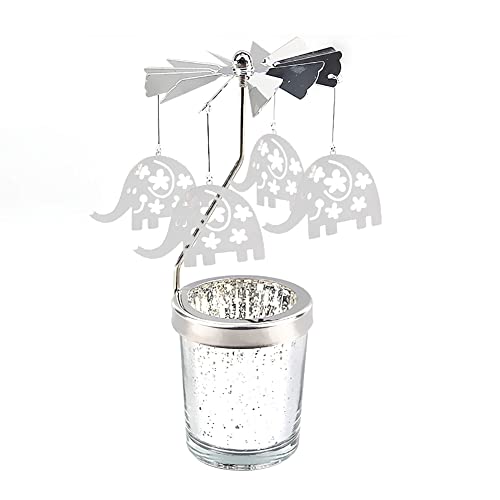 Surakey Windlicht Teelichtkarussel aus Glas Teelichthalter,Silber Karussell Teelichter Kerzenhalter,Motiv Elefant Windlichter Teelicht Kerzen Halter Geschenk Dekoration für Hochzeit,Weihnachten von Surakey