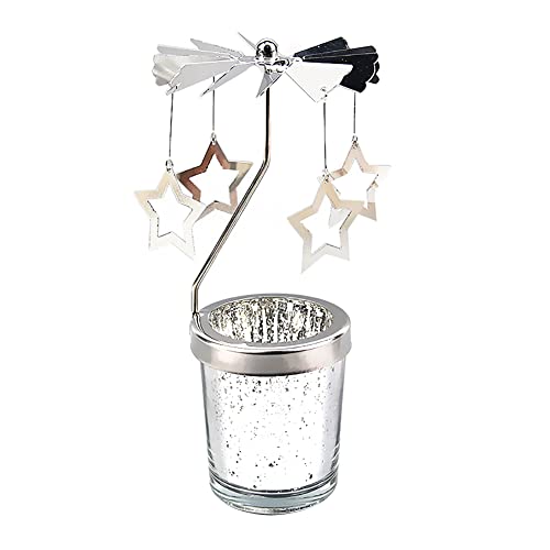 Surakey Windlicht Teelichtkarussel aus Glas Teelichthalter,Silber Karussell Teelichter Kerzenhalter,Motiv Fünf Sterne Windlichter Teelicht Kerzen Halter Geschenk Dekoration für Hochzeit,Weihnachten von Surakey