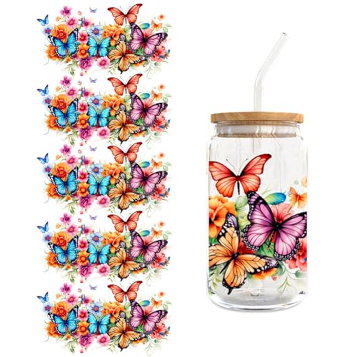 UV DTF Tasse Wrap Transfer Sticker Aesthetic für Glas Kaffee Becher,5 Blätter Schmetterling Blumen Stil Transfer Aufkleber für 16 Unzen Glas Becher Klar Rub on Sticker Set Rub on Transferaufkleber von Surakey