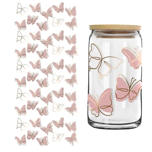 UV DTF Tasse Wrap Transfer Sticker Aesthetic für Glas Kaffee Becher,5 Blätter Schmetterling Blumen Stil Transfer Aufkleber für 16 Unzen Glas Becher Klar Rub on Sticker Set Rub on Transferaufkleber von Surakey