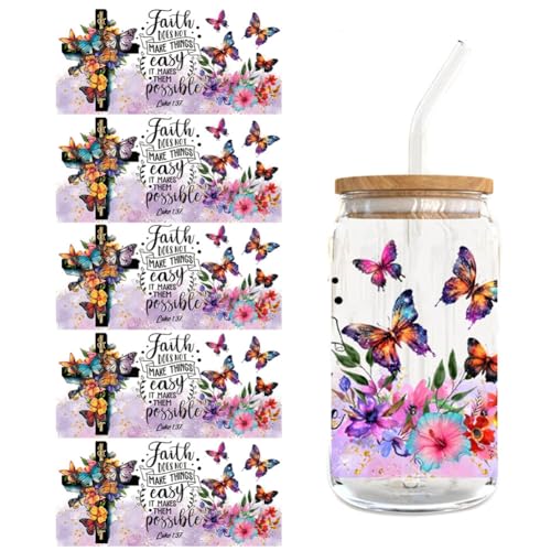 UV DTF Tasse Wrap Transfer Sticker Aesthetic für Glas Kaffee Becher,5 Blätter Schmetterling Blumen Stil Transfer Aufkleber für 16 Unzen Glas Becher Klar Rub on Sticker Set Rub on Transferaufkleber von Surakey