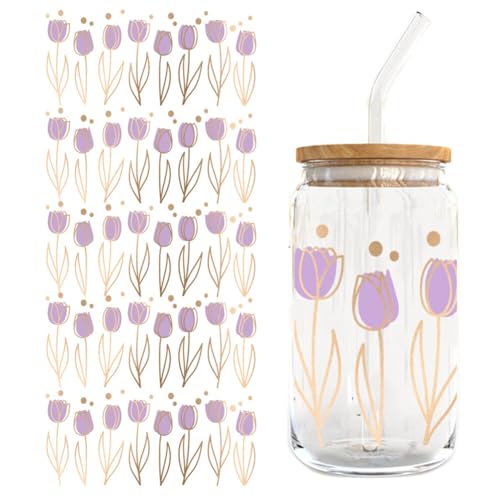 UV DTF Tasse Wrap Transfer Sticker Aesthetic für Glas Kaffee Becher,5 Blätter Schmetterling Blumen Stil Transfer Aufkleber für 16 Unzen Glas Becher Klar Rub on Sticker Set Rub on Transferaufkleber von Surakey