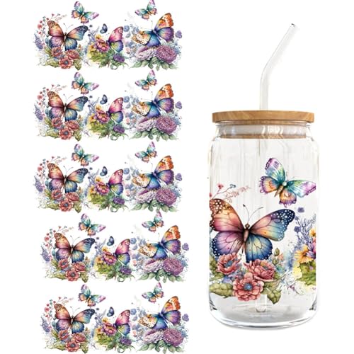 UV DTF Tasse Wrap Transfer Sticker Aesthetic für Glas Kaffee Becher,5 Blätter Schmetterling Blumen Stil Transfer Aufkleber für 16 Unzen Glas Becher Klar Rub on Sticker Set Rub on Transferaufkleber von Surakey