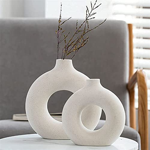 Weiß Keramik Donut Vase, Kreative Vase Moderne Wohnkultur,Vase Für Pampasgras Blumen, Runde Form Modern Getrocknete Blumen Blumenvasen Kunsthandwerk Ornamente für Wohnzimmer Büro Haus Dekoration von Surakey