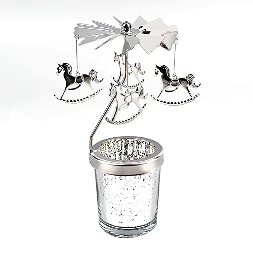 Windlicht Teelichtkarussel aus Glas Teelichthalter,Silber Karussell Teelichter Kerzenhalter,Motiv Hölzernes Pferd Windlichter Teelicht Kerzen Halter Geschenk Dekoration für Hochzeit,Weihnachten von Surakey