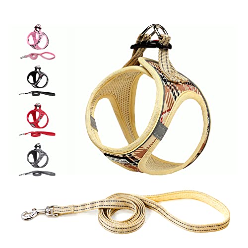 Suredoo Hundegeschirr Kleine Hunde mit Leine, Anti Zug Geschirr Reflektierend Atmungsaktiv Brustgeschirr, Welpengeschirr für Kleine Hunde (Beige, XS, Brust: 25-28cm) von Suredoo