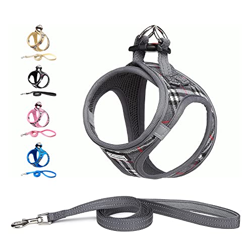 Suredoo Hundegeschirr Kleine Hunde mit Leine, Anti Zug Geschirr Reflektierend Atmungsaktiv Brustgeschirr, Welpengeschirr für Kleine Hunde (Grau Kariert, L, Brust: 40-45cm) von Suredoo