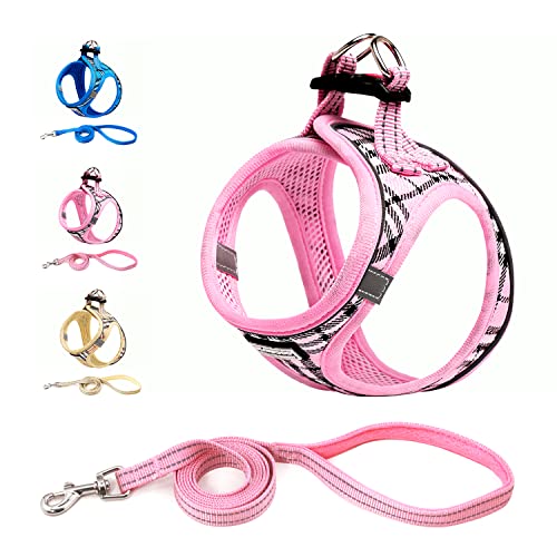 Suredoo Hundegeschirr Kleine Hunde mit Leine, Anti Zug Geschirr Reflektierend Atmungsaktiv Brustgeschirr, Welpengeschirr für Kleine Hunde (Rosa Kariert, XL, Brust: 46-53cm) von Suredoo