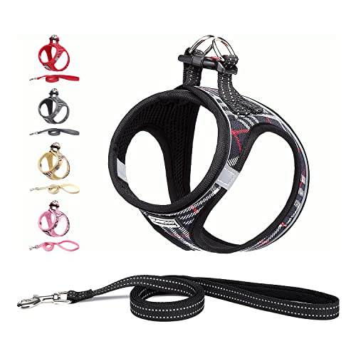 Suredoo Hundegeschirr Kleine Hunde mit Leine, Anti Zug Geschirr Reflektierend Atmungsaktiv Brustgeschirr, Welpengeschirr für Kleine Hunde (Schwarz Kariert, XL, Brust: 46-53cm) von Suredoo