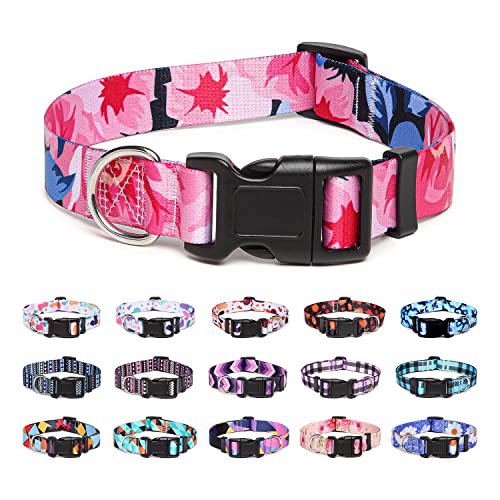 Suredoo Hundehalsband Verstellbares, Weich & Komfort Nylon Hunde Halsband für Kleine Mittlere Große Hunde Welpen Katzen (L, Pink Blume) von Suredoo