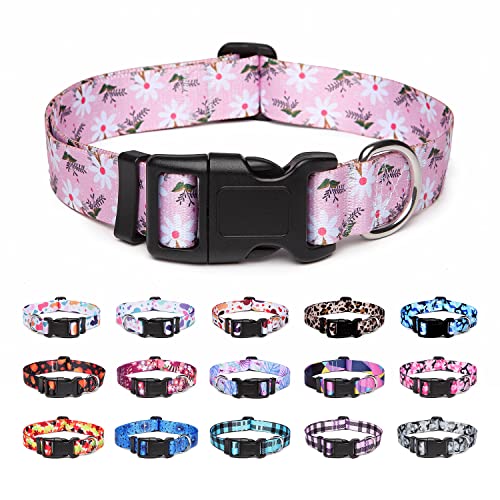 Suredoo Hundehalsband Verstellbares, Weich & Komfort Nylon Hunde Halsband für Kleine Mittlere Große Hunde Welpen Katzen (L, Rosa Weiße Blumen) von Suredoo
