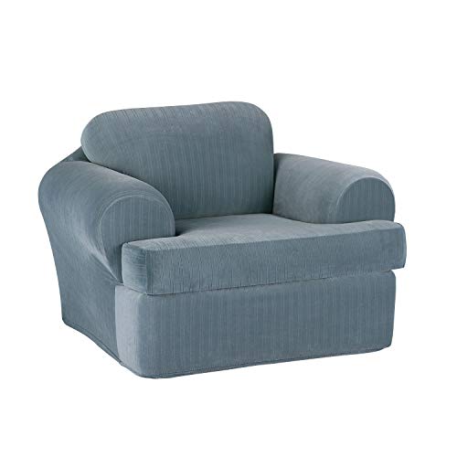 Surefit Stretch Nadelstreifen 2-teilig, Stuhl, Schonbezug – Creme, blau (French Blue), Chair von Surefit