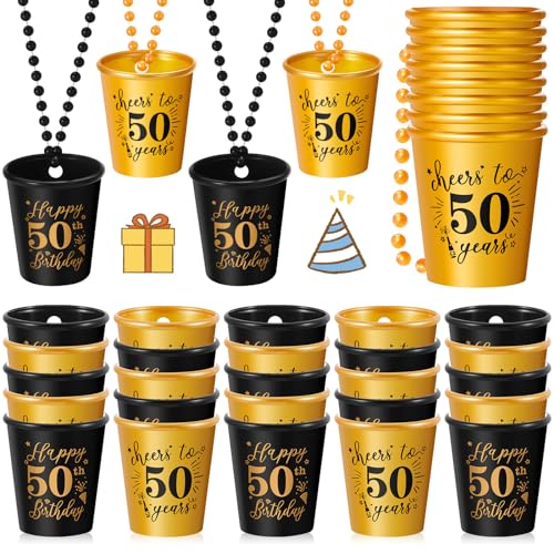 Sureio Schnapsglas-Halsketten zum 50. Geburtstag, Großpackung für Damen, Herren, Gäste, aus Kunststoff, goldfarben und schwarz, für Geburtstag, Jahrestag, 24 Stück von Sureio
