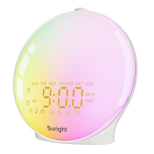 Suright Lichtwecker Tageslichtwecker, Wake Up Licht Wecker, Sonnenaufgang Sonnenuntergang Simulation Wecker Radio 15 Naturgeräusche 2 Alarmen Snooze 18 Farblicht 20 Helligkeit Nachttischlampe von Suright