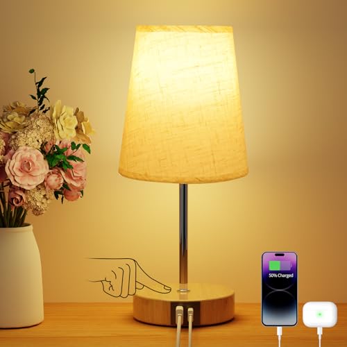 Suright Nachttischlampe Touch Dimmbar, Tischlampe mit USB A+C Ladeanschlüssen, Leinen-Lampenschirm, Holzsockel, Kleine Lampe für Schlafzimmer Wohnzimmer (LED-Birne Inklusive) von Suright