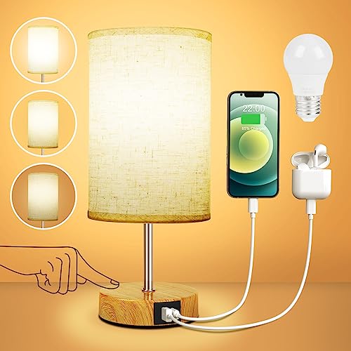 Suright Nachttischlampe Touch Dimmbar mit USB A+C Ladeanschlüssen, Lampenschirm aus Leinenstoff, Holzsockel, Kleine Tischlampe für Schlafzimmer Wohnzimmer (LED-Birne Inklusive) von Suright